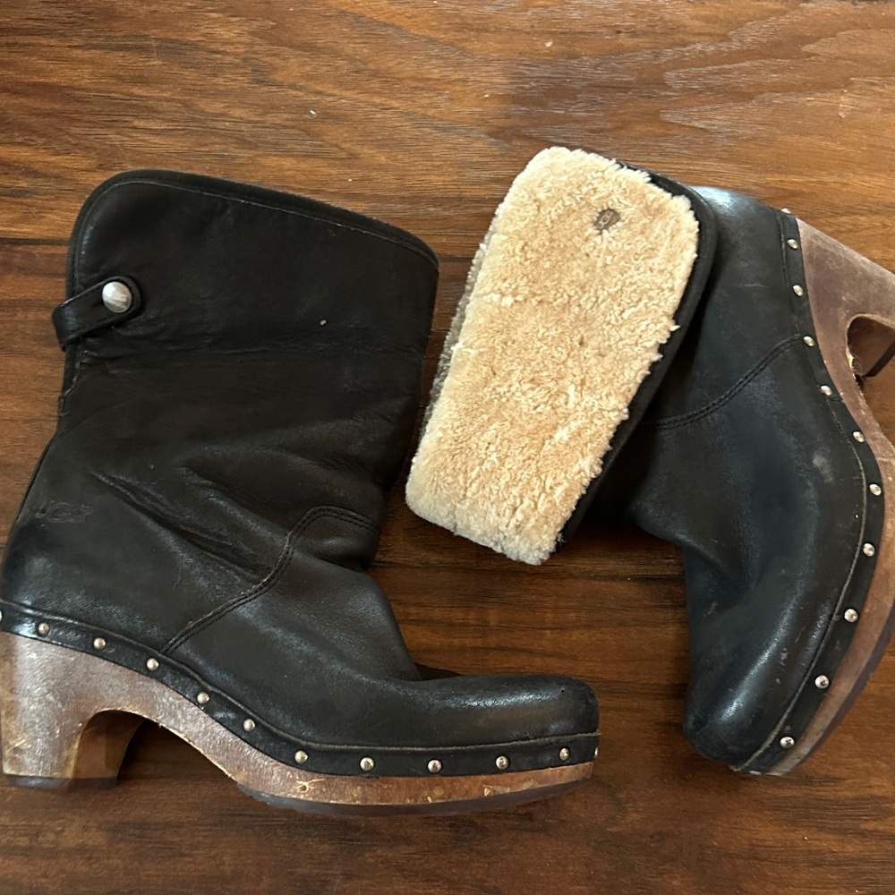 UGG Black Leather Clogs with Shearling Lining